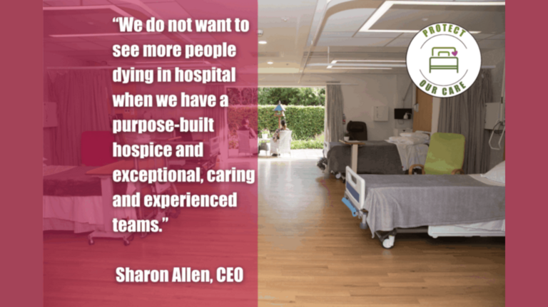 A graphic showing beds at Arthur Rank Hospice and the text '"We do not want to see more people dying in hospital when we have a purpose-built hospice and exceptional, caring and exceptional teams." Sharon Allen, CEO'