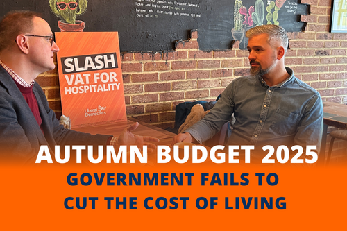 Text "Autumn Budget 2025 - Government fails to cut the cost of living" on top of a picture of Ian and someone else in a cafe
