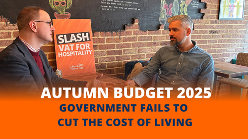 Text "Autumn Budget 2025 - Government fails to cut the cost of living" on top of a picture of Ian and someone else in a cafe