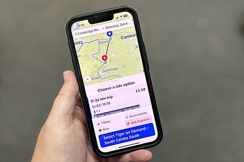 The Tiger Bus app showing a journey being planned from Eltisley to Great Gransden for later the same day, costing £2.50