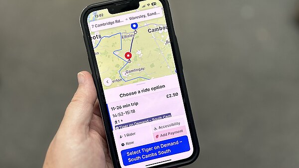 The Tiger Bus app showing a journey being planned from Eltisley to Great Gransden for later the same day, costing £2.50