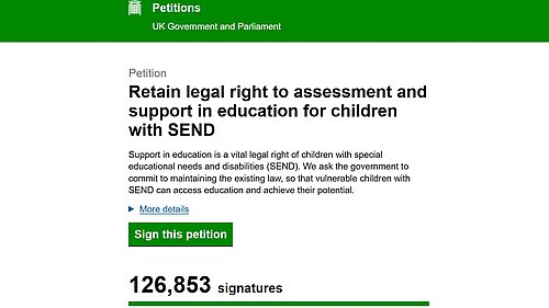 A screenshot of the UK Parliament petition asking to retain the legal right to assessment and support for children with SEND
