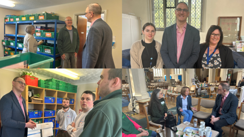 A compilation of four photos of Ian Sollom visiting St Neots Foodbank and engaging with people from local organisations and charities