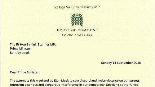 Image of letter from Ed Davey to Keir Starmer condemning Elon Musk for inciting violence and urging unity to defend democracy.